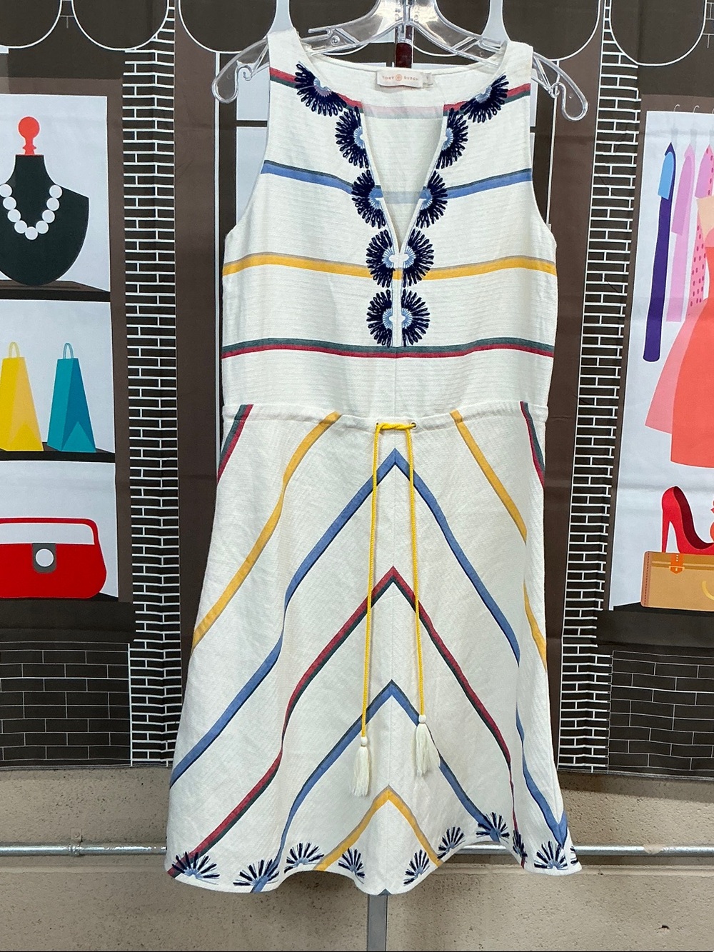 Tory Burch Cream & Stripe Dress with Embroidery Size 2 #2269